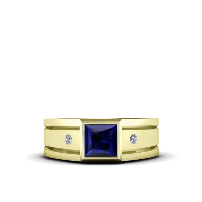 Virgo Ring for Man SOLID 14k Yellow Gold with 1.80ct Square Blue Sapphire and 2 Natural Diamonds