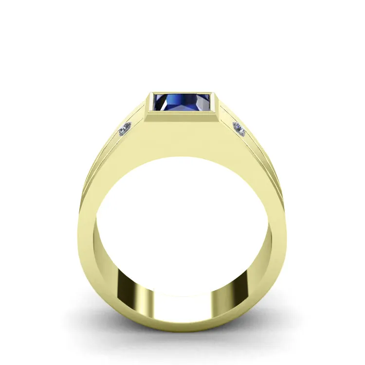 Virgo Ring for Man SOLID 14k Yellow Gold with 1.80ct Square Blue Sapphire and 2 Natural Diamonds