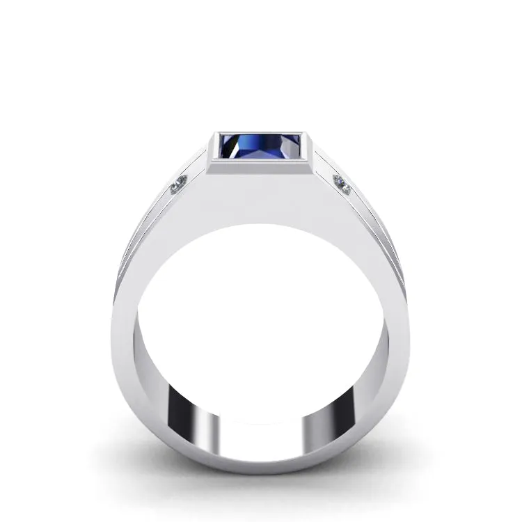 Wide Engagement Ring in Solid 10k White Gold 1.80ct Square Cut Sapphire and 2 Natural Diamonds