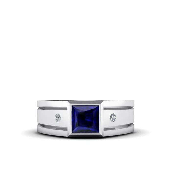 Wide Engagement Ring in Solid 10k White Gold 1.80ct Square Cut Sapphire and 2 Natural Diamonds